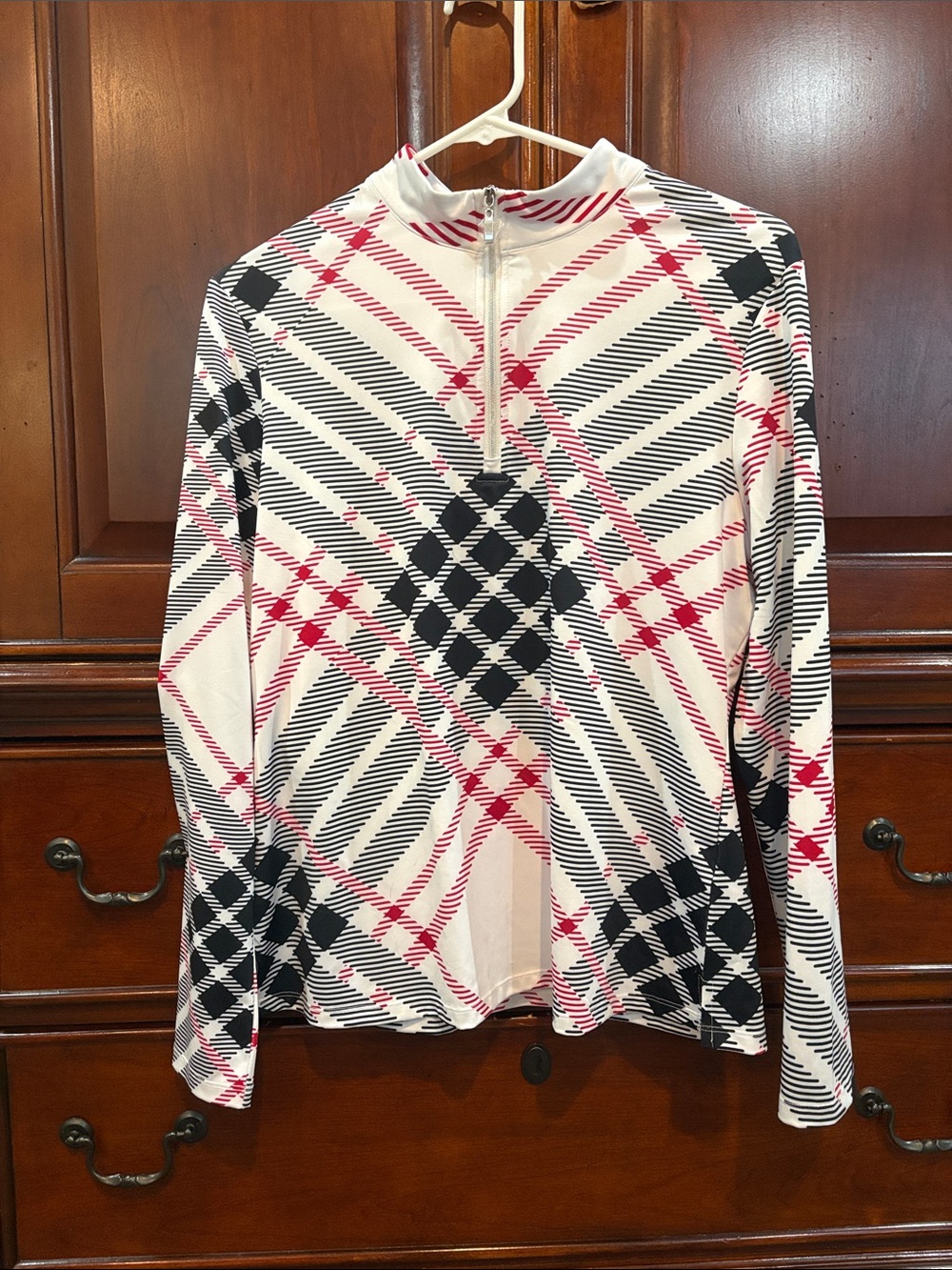 Plaid Half-Zip Turtleneck Sweater - White, Black & Pink